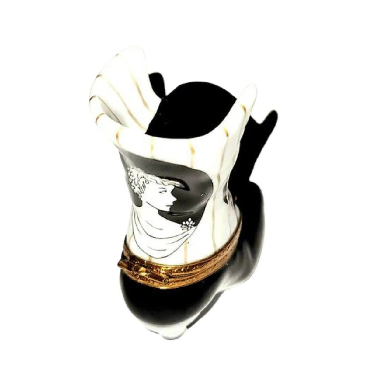 Limoges Boutique presents the White Black Striped Victorian Boot, a genuine Limoges box painted by hand in France