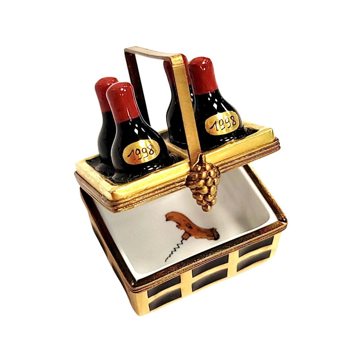 Artisan-painted 4 Bottles Wine 1998 in Basket Limoges box from France, a cherished collectible