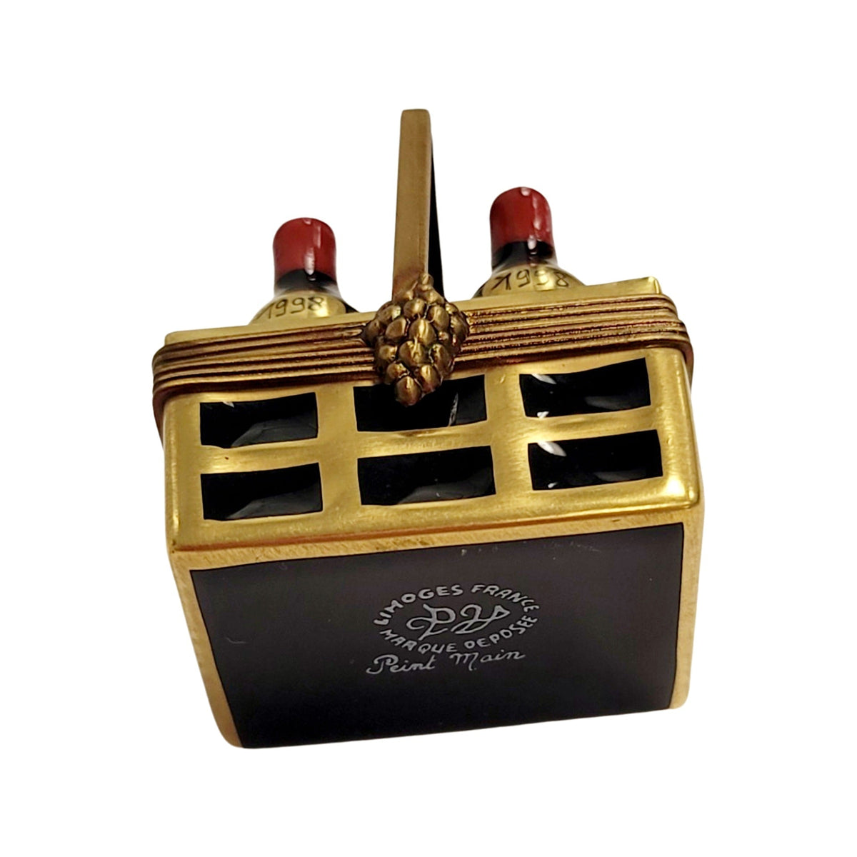 Treasured French collectible: 4 Bottles Wine 1998 in Basket Limoges box, painted by hand
