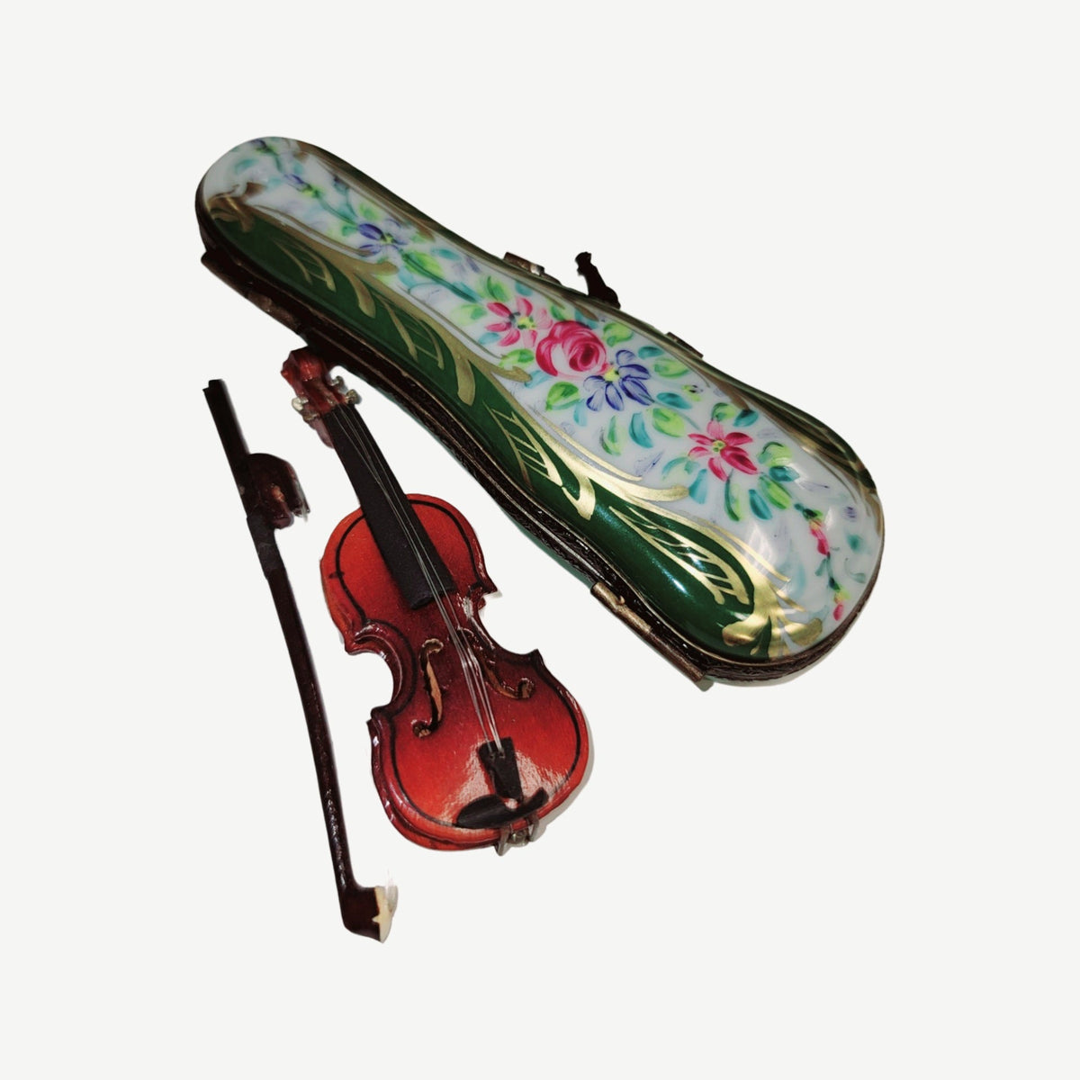 Wood Violin in Green Case Limoges Box, a hand-painted Limoges porcelain gift