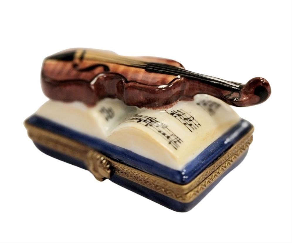 Violin on Book Limoges Box Figurine for Music Lovers, a hand-painted Limoges porcelain gift