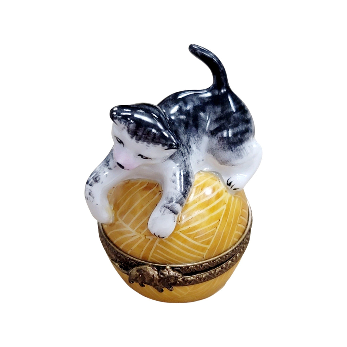Collectible Cat on Yarn Limoges box with artisan brushwork