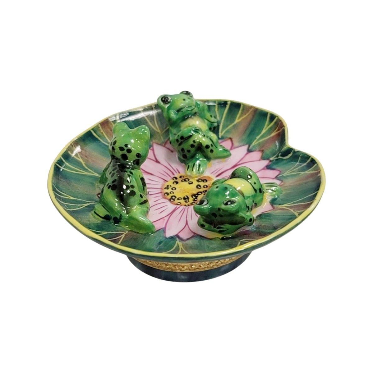 Fine French craftsmanship on the 3 Frogs Laying Lillypad Limoges box, painted by hand