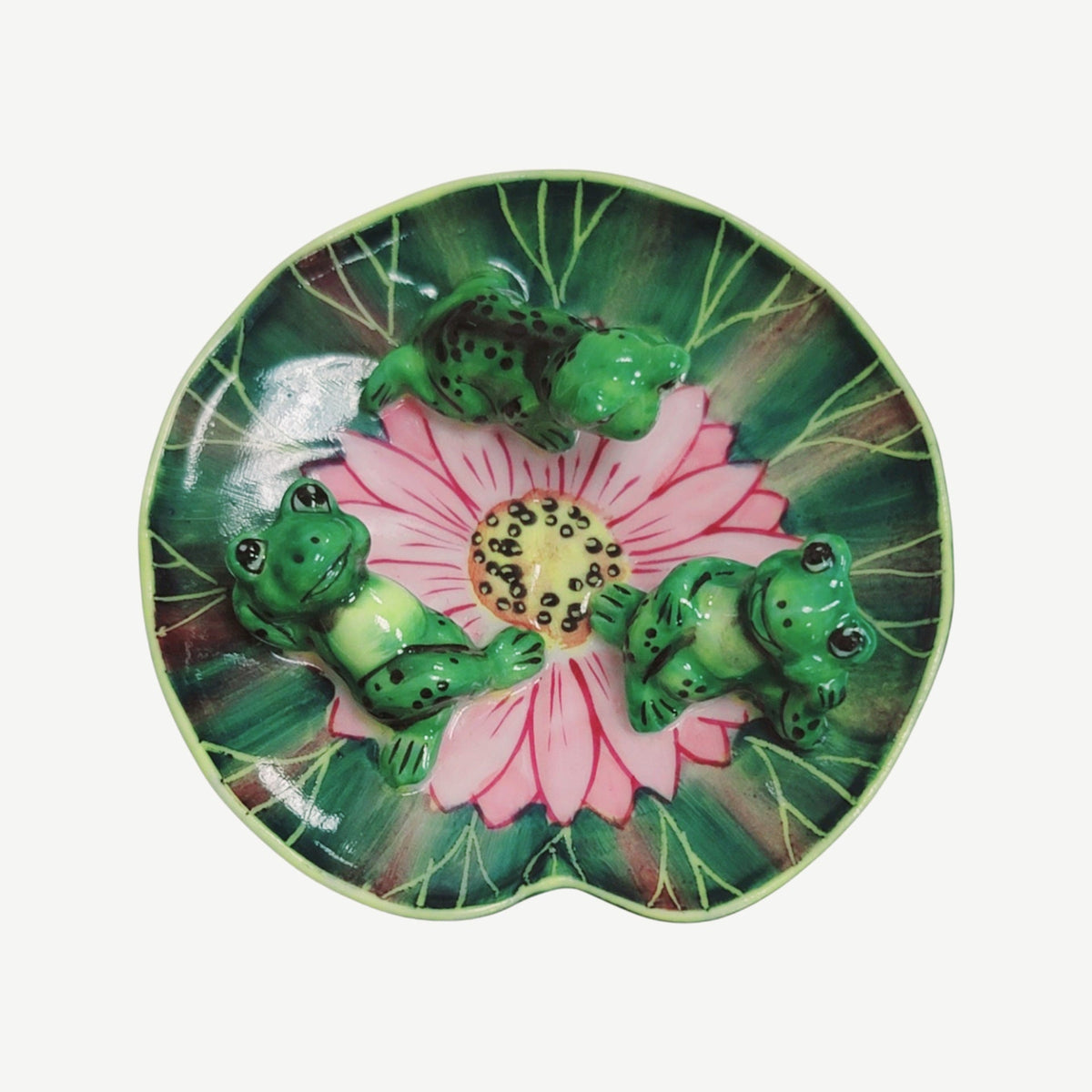 Artisan-painted 3 Frogs Laying Lillypad Limoges box from France, a cherished collectible