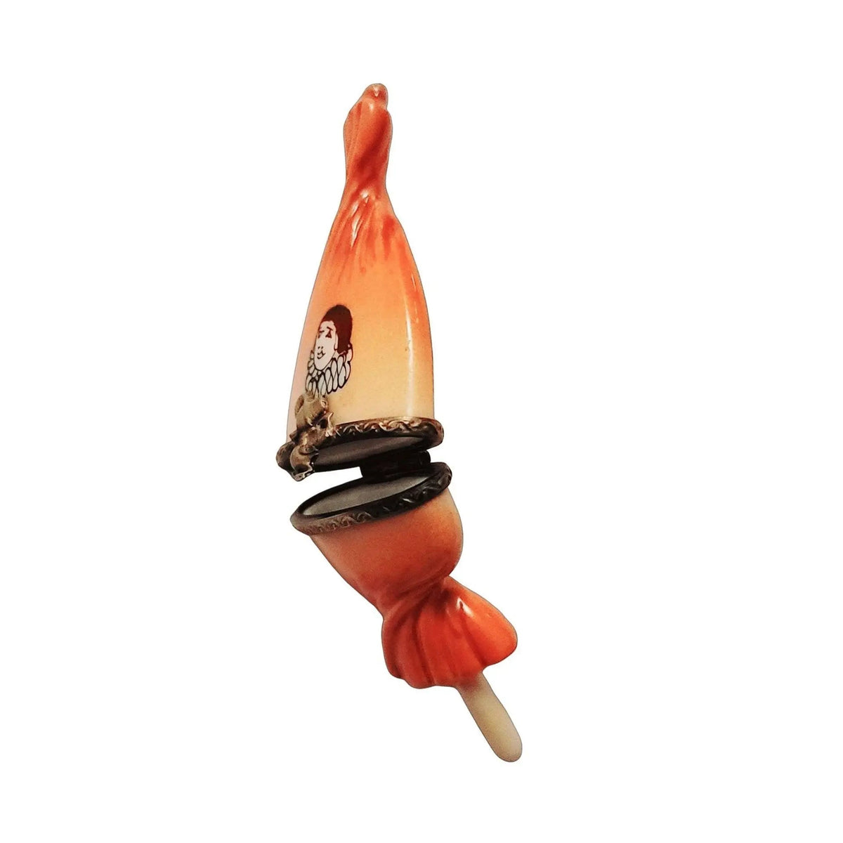 Treasured French collectible: Sweet Candy Lollipop Porcelin Orange Clown Wrapping Limoges box, painted by hand