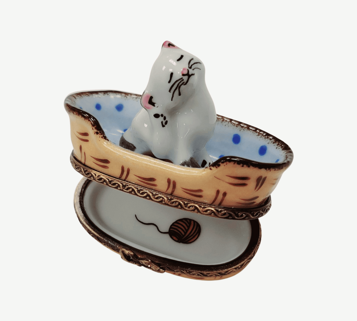 Artisan-painted White Cat in Blue Basket with Mouse Limoges box from France, a cherished collectible