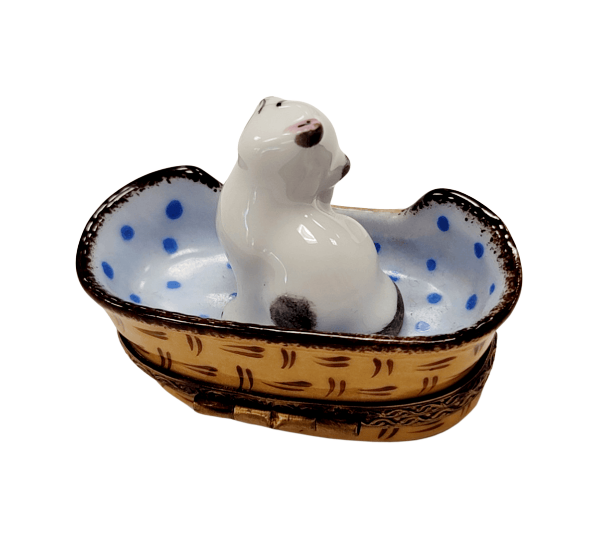 The painter's artistry shows on this White Cat in Blue Basket with Mouse Limoges box