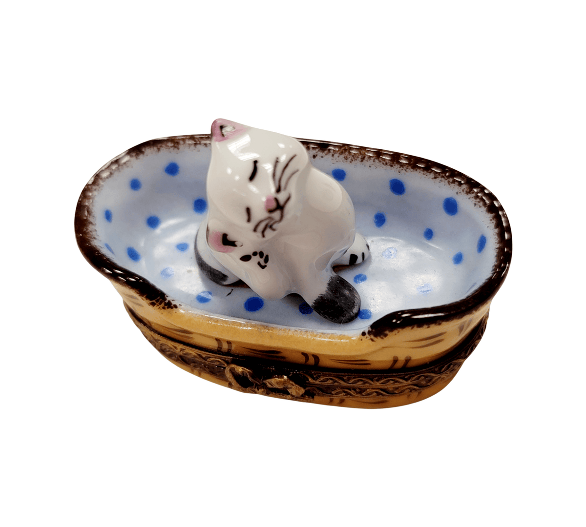 Treasured French collectible: White Cat in Blue Basket with Mouse Limoges box, painted by hand