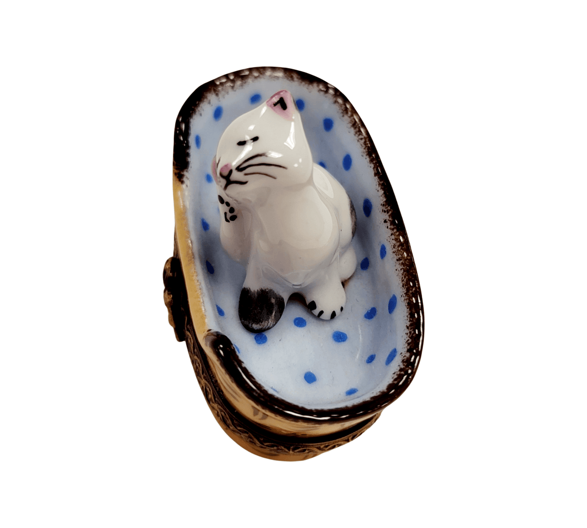 Gift idea for someone who loves France: White Cat in Blue Basket with Mouse Limoges box