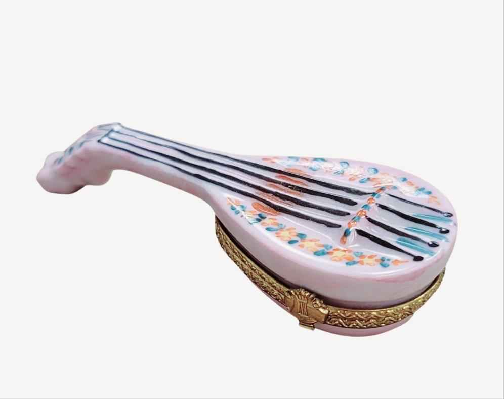 White Mandolin Instrument Limoges Box Figurine Gift, a hand-painted Limoges porcelain gift
