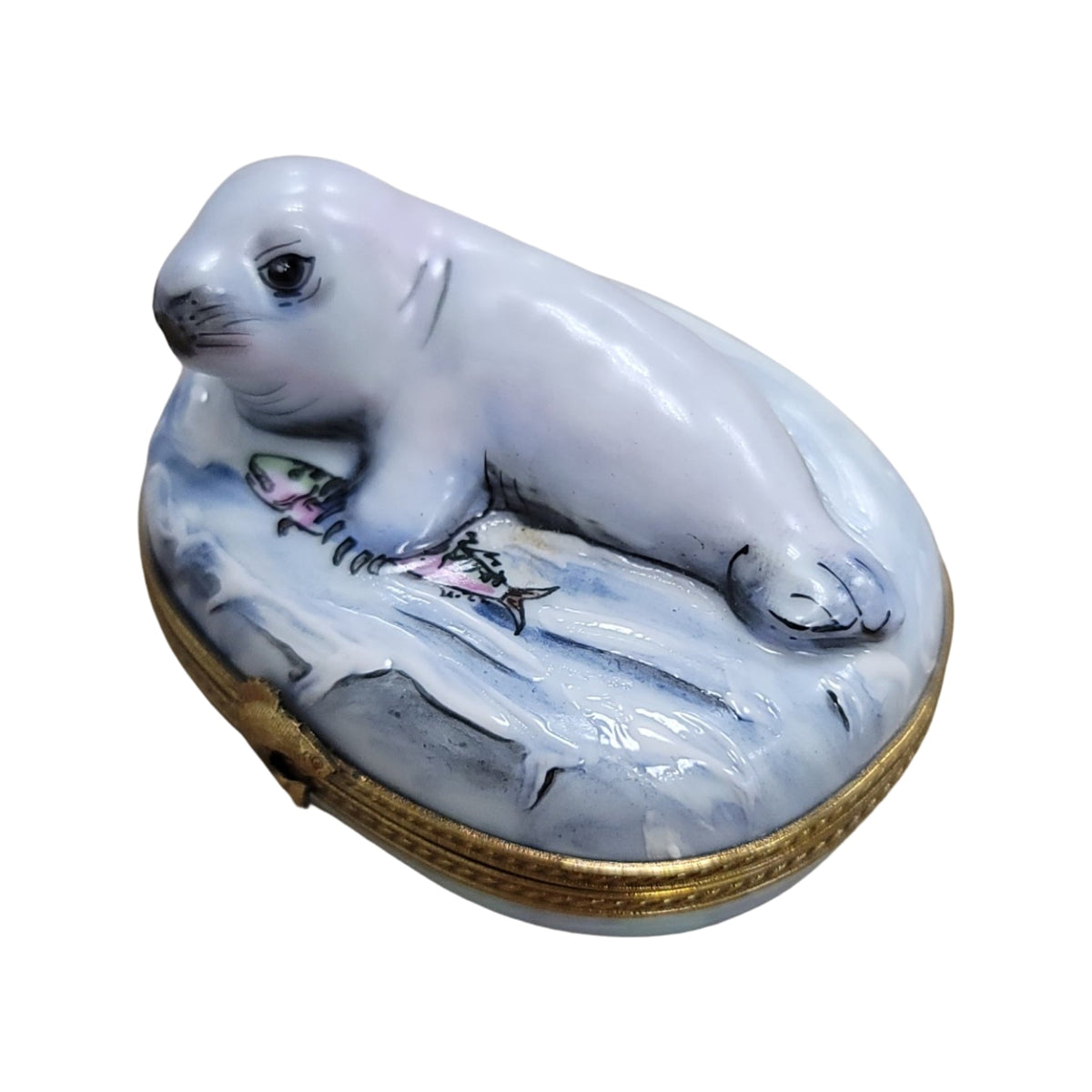 Hand-painted White Sea Lion Limoges box, French artistry for lovers of fine art