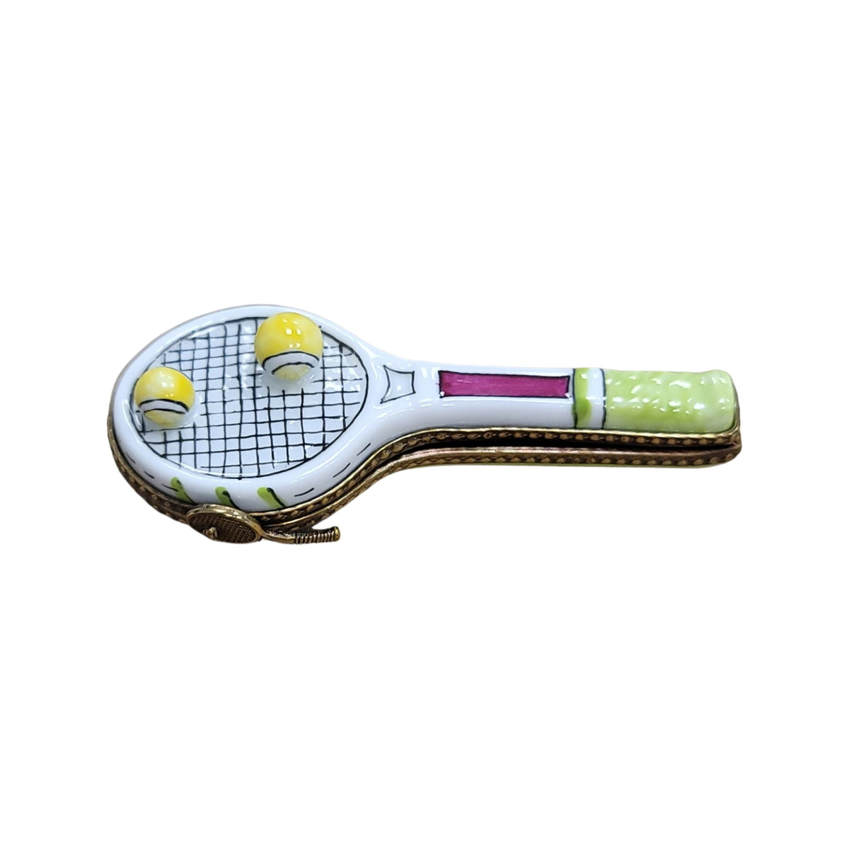 White Tennis Racquet 2 Balls Limoges Box, a hand-painted Limoges porcelain gift