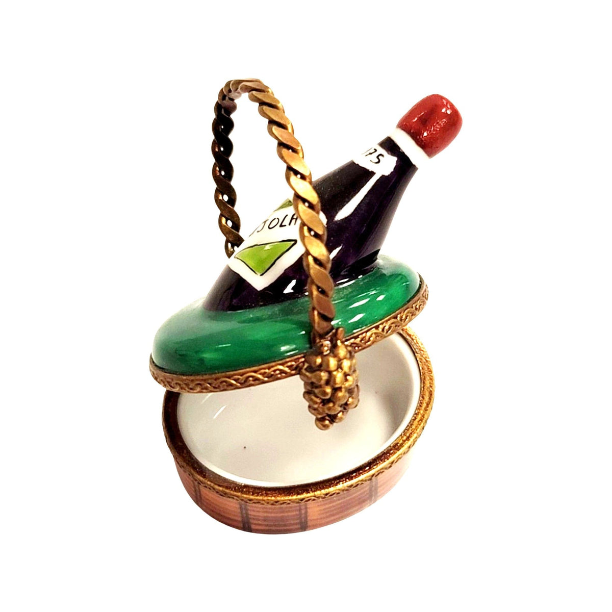 Wine Bottle in Basket Limoges Box, a hand-painted Limoges porcelain gift