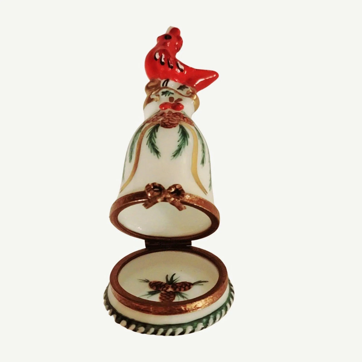 Winter Cardinal on Bell Christmas Limoges box painted by hand in Limoges, France, a gift to treasure