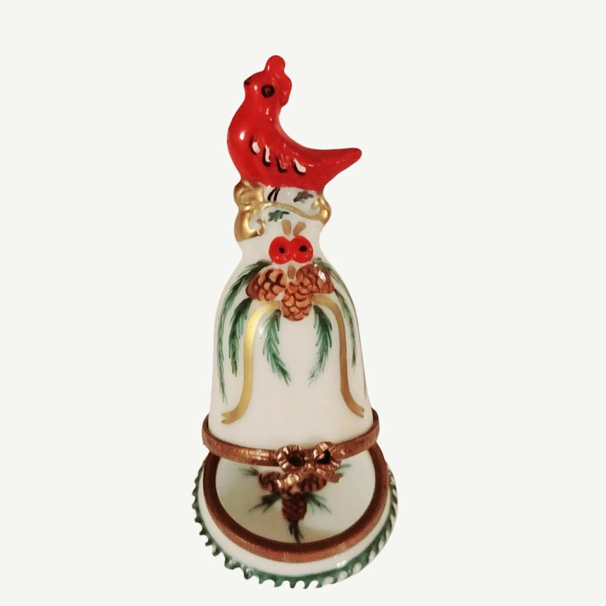 Fine French craftsmanship on the Winter Cardinal on Bell Christmas Limoges box, painted by hand