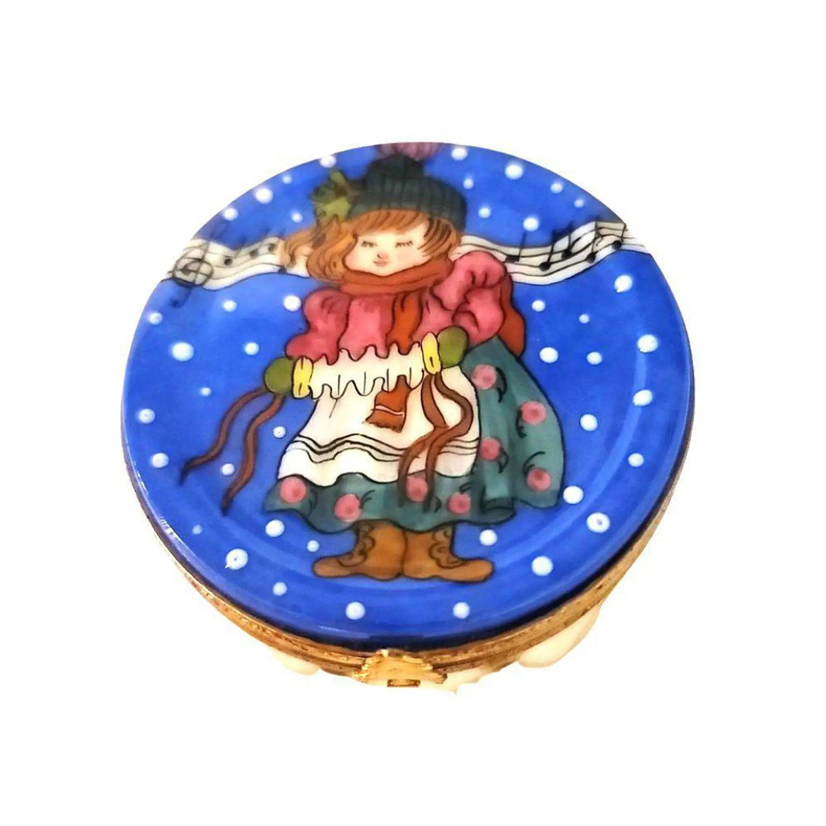 Every brushstroke by hand on the Girl Accordian in Winter Snow on Drum Caroler Limoges box from France