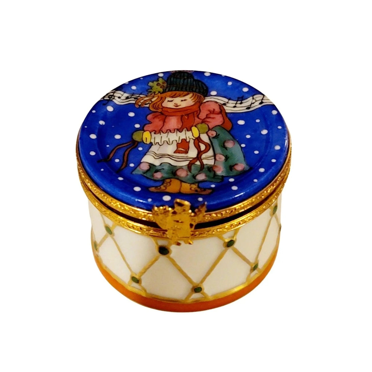 Fine art lovers will admire this Girl Accordian in Winter Snow on Drum Caroler Limoges box