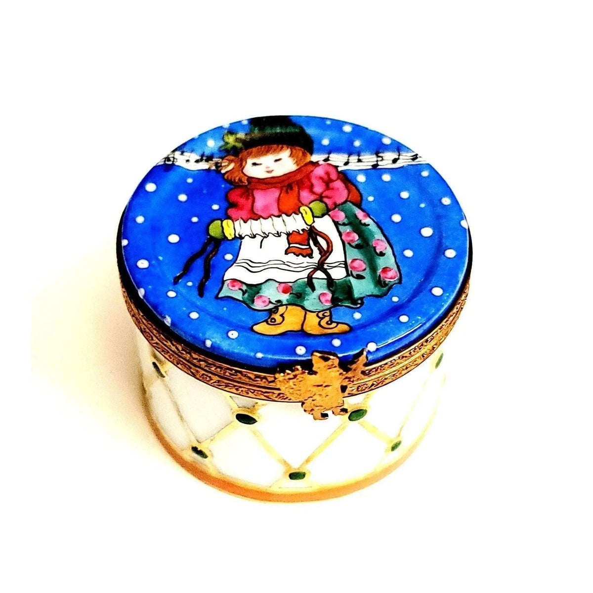 Genuine Girl Accordian in Winter Snow on Drum Caroler Limoges box painted by hand in France, from Limoges Boutique
