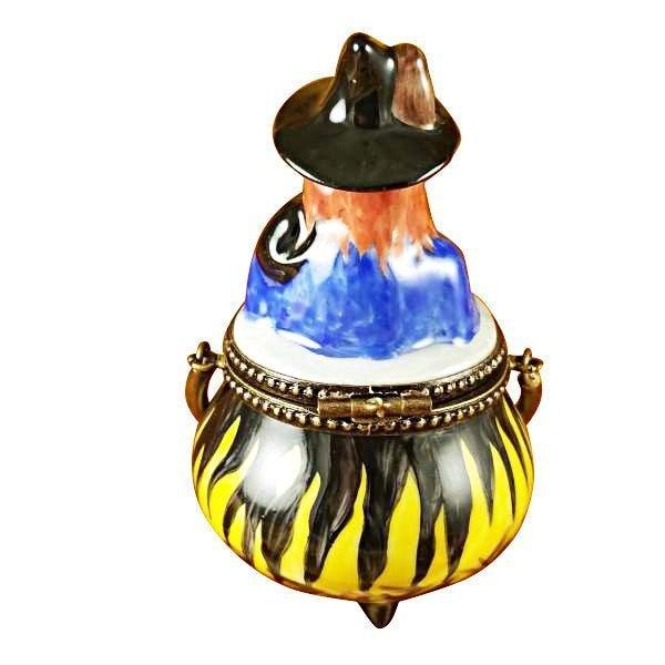 Fine French craftsmanship on the Witch in a Pot Limoges box, painted by hand