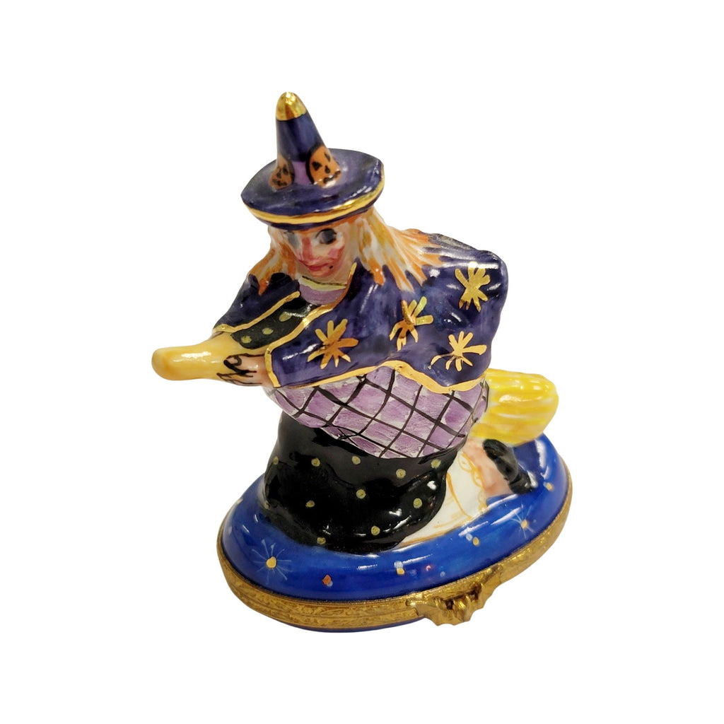 Limoges Boutique presents the Witch on Broom, a genuine Limoges box painted by hand in France