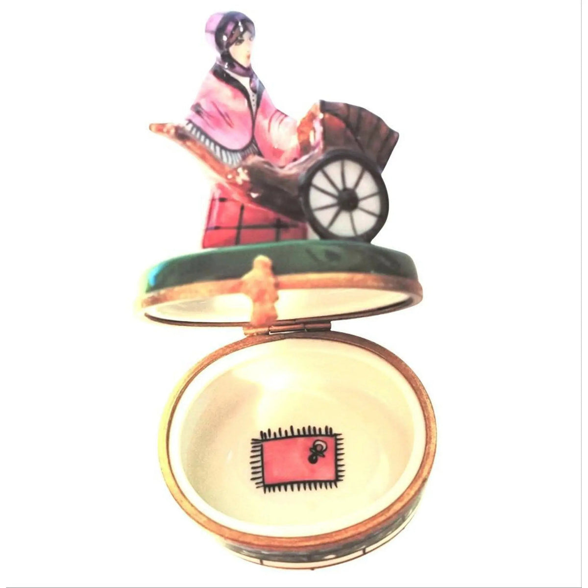 Painted details on the Woman with Baby Carriage Rickshaw Stroller Limoges box, French art in miniature