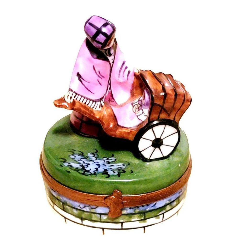 Woman w Baby Carriage Rickshaw Stroller Limoges Box, view 4
