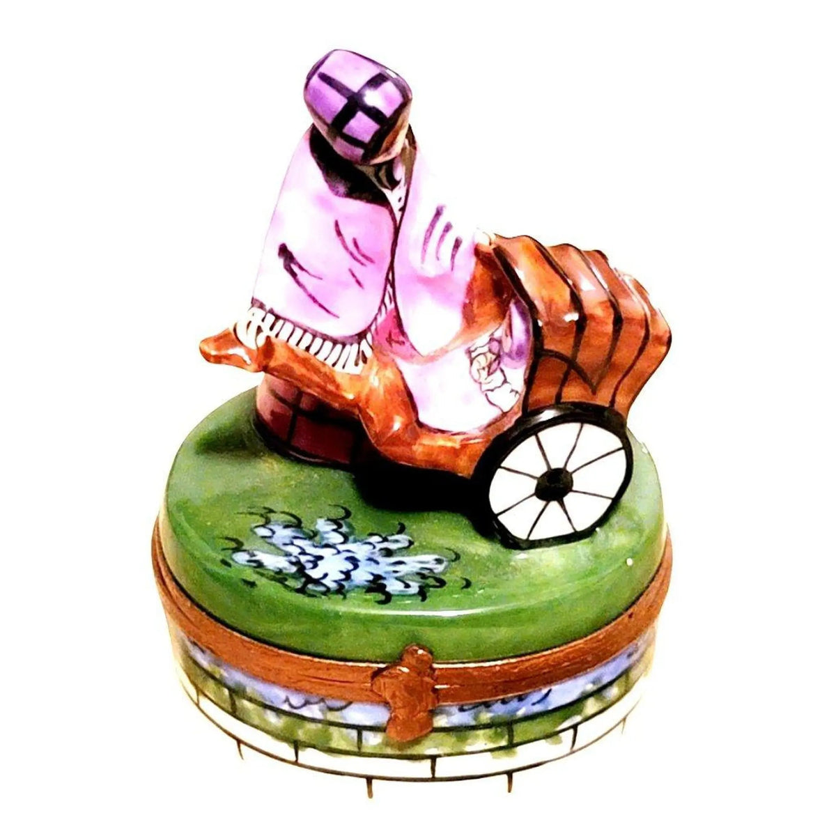 Limoges Boutique presents the Woman with Baby Carriage Rickshaw Stroller, a genuine Limoges box painted by hand in France