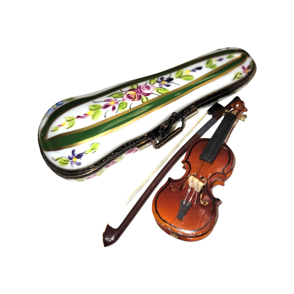 Wood Violin Green Case Limoges Box for Music Lovers, a hand-painted Limoges porcelain gift