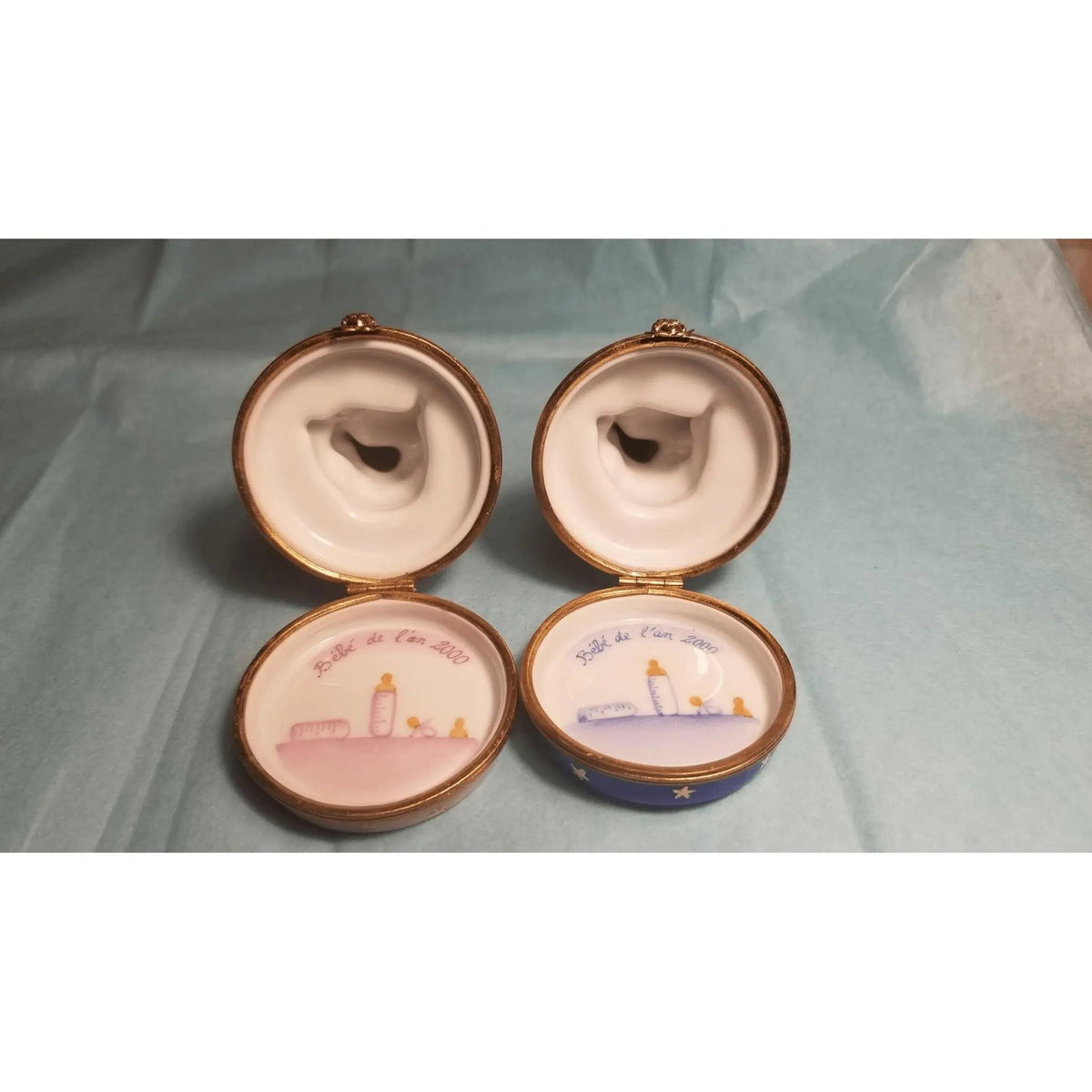 Painted details on the 2 Babies Year 2000 Baby Boy Girl Limoges box, French art in miniature