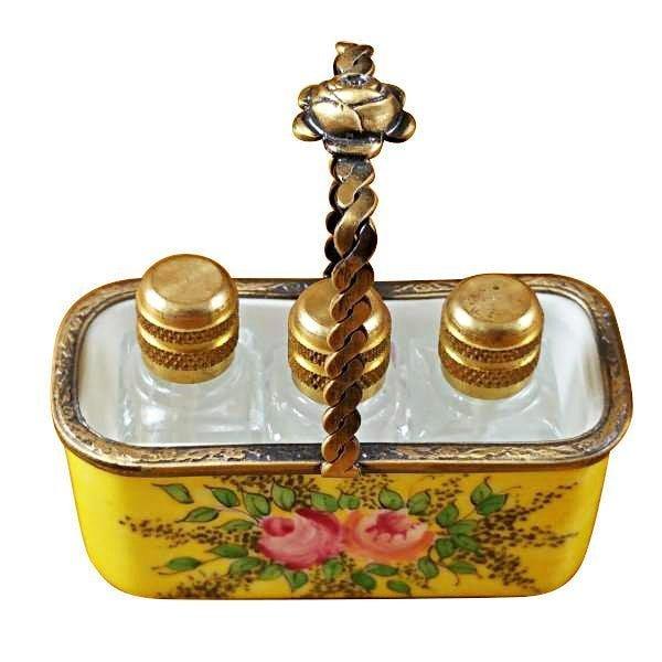 Painted details on the Yellow Basket with Three Bottles Limoges box, French art in miniature