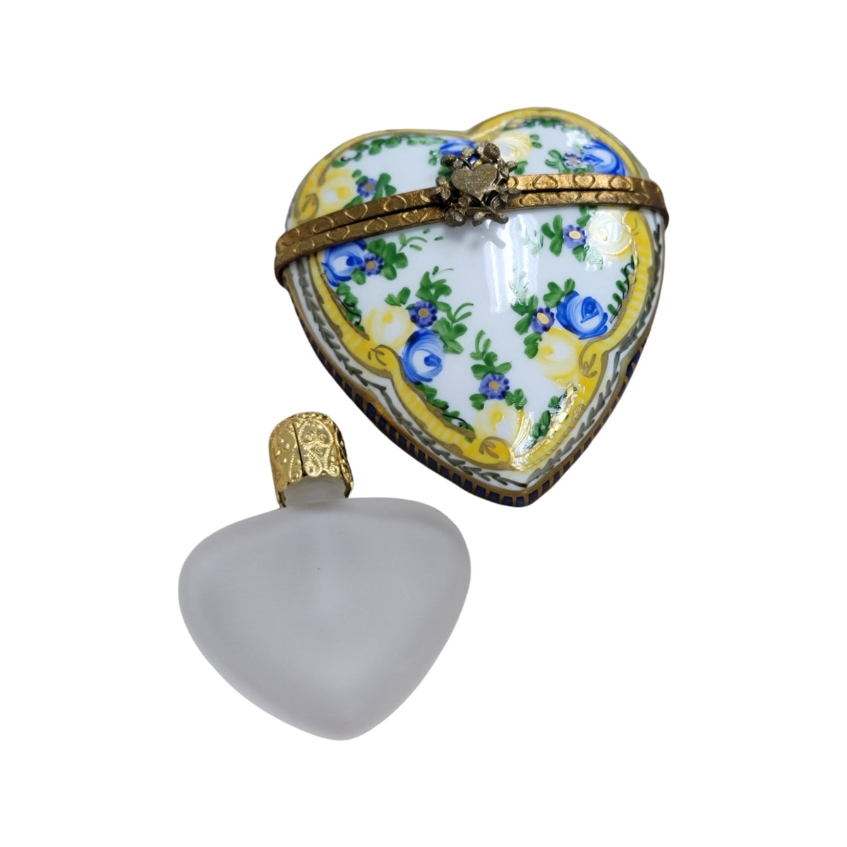 Yellow Blue Heart Perfume Bottle, a hand-painted Limoges porcelain gift
