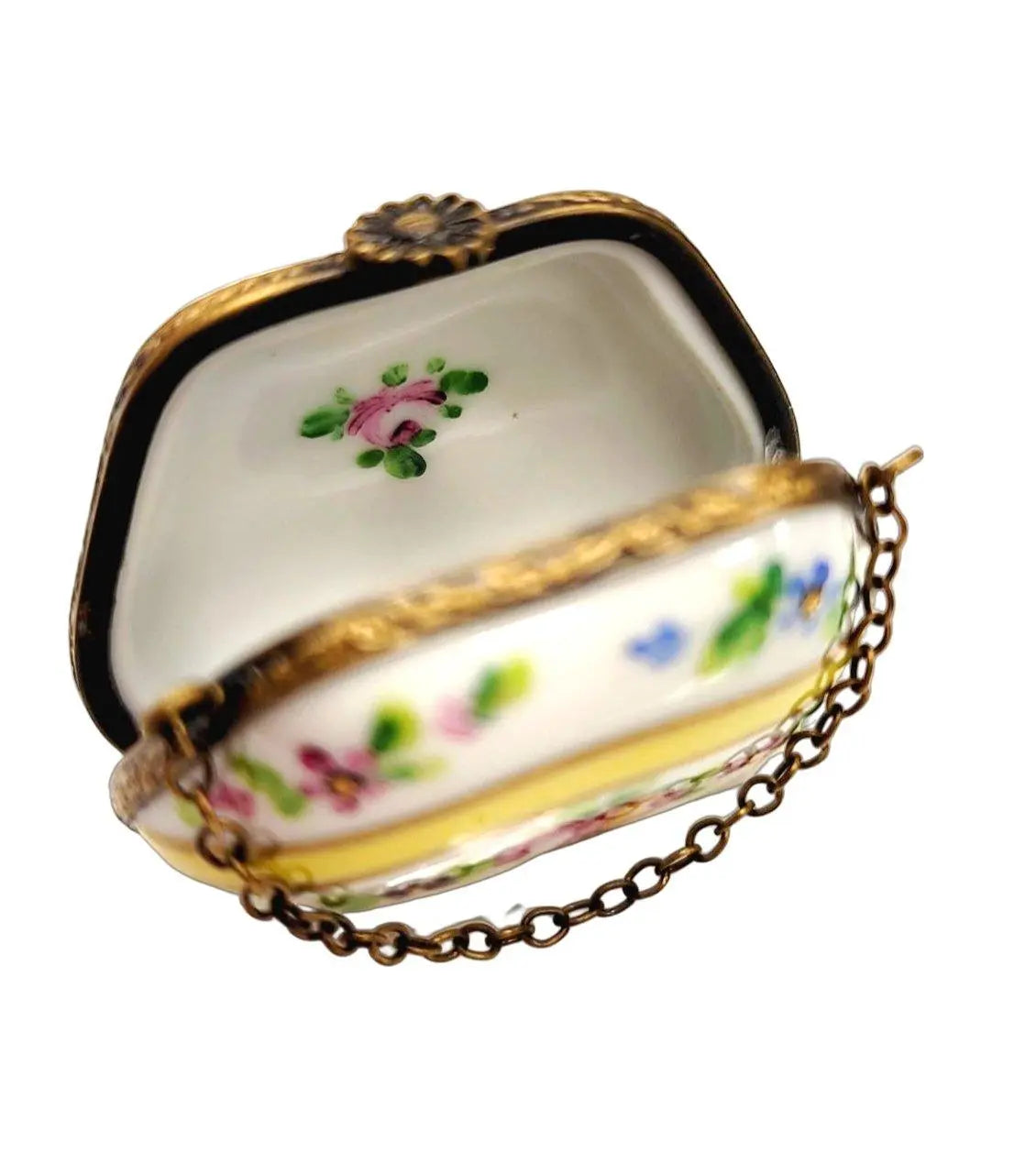 Fine French craftsmanship on the Yellow Purse Flowers Limoges box, painted by hand