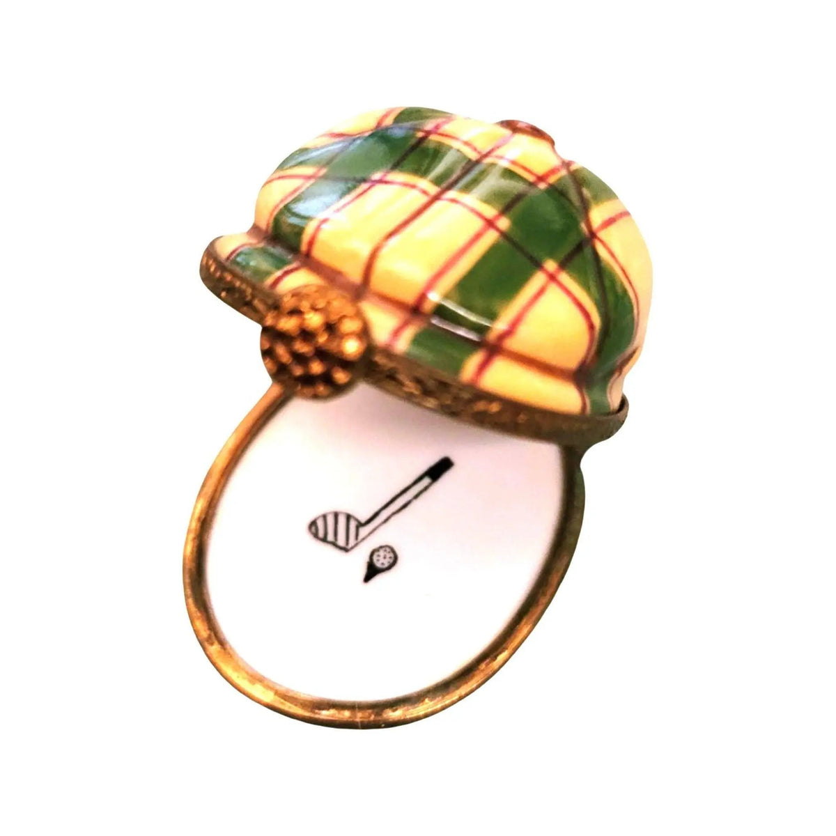 Fine art lovers will admire this Yellow Green Plaid Golf Hat Limoges box