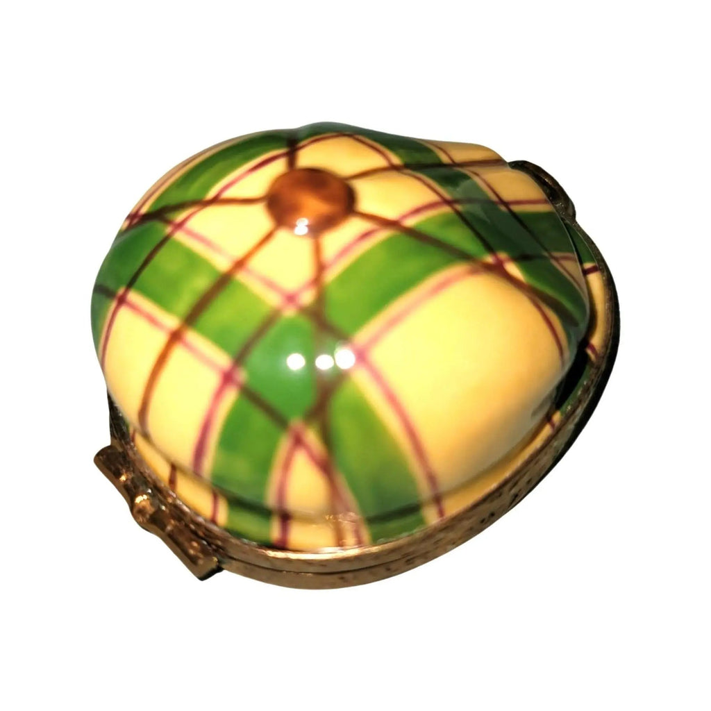 Yellow Green Plaid Golf Hat Limoges box painted by hand in Limoges, France, a gift to treasure
