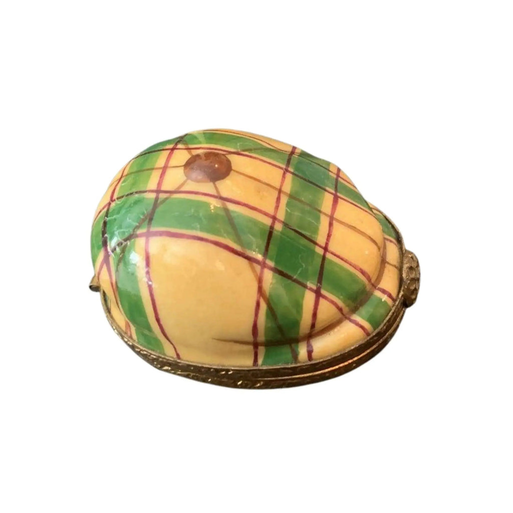 Limoges Boutique presents the Yellow Green Plaid Golf Hat, a genuine Limoges box painted by hand in France
