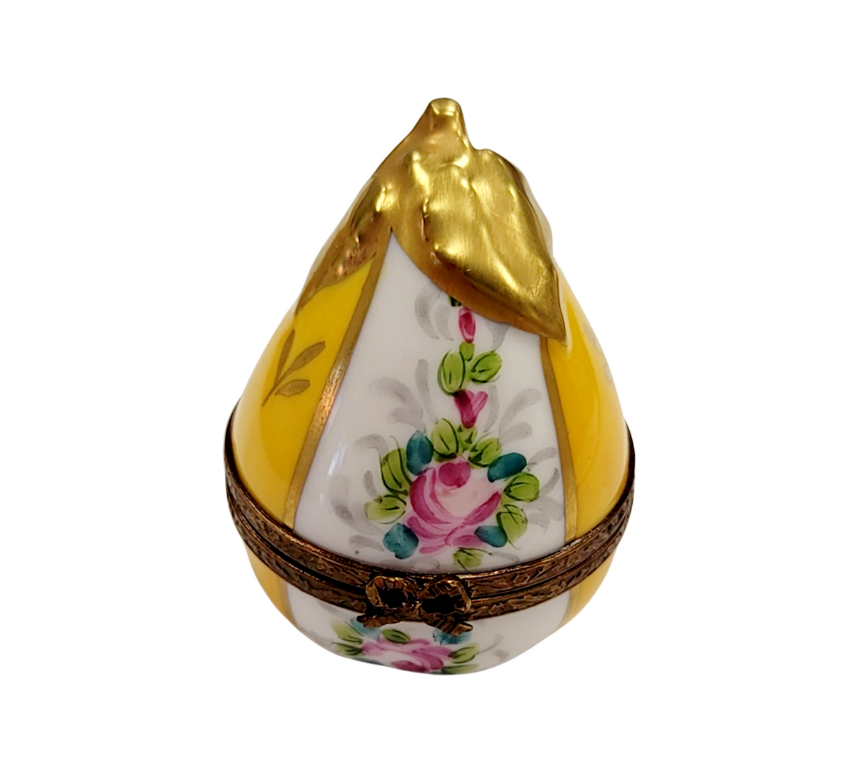Yellow Pear w Flowers Porcelain Limoges Porcelain Art Object, a hand-painted Limoges porcelain gift