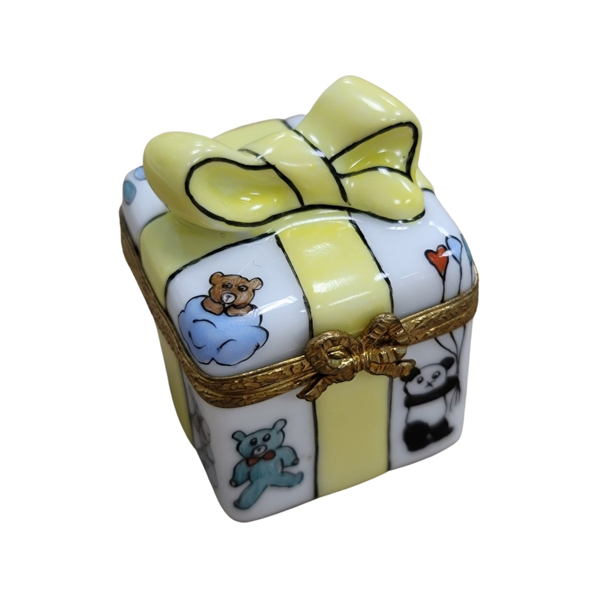 Limoges Boutique presents the Yellow Ribbon Present Baby, a genuine Limoges box painted by hand in France