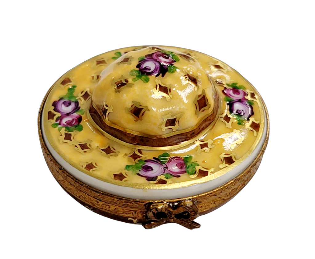 Yellow Roses Hat Fashion Limoges Box, a hand-painted Limoges porcelain gift