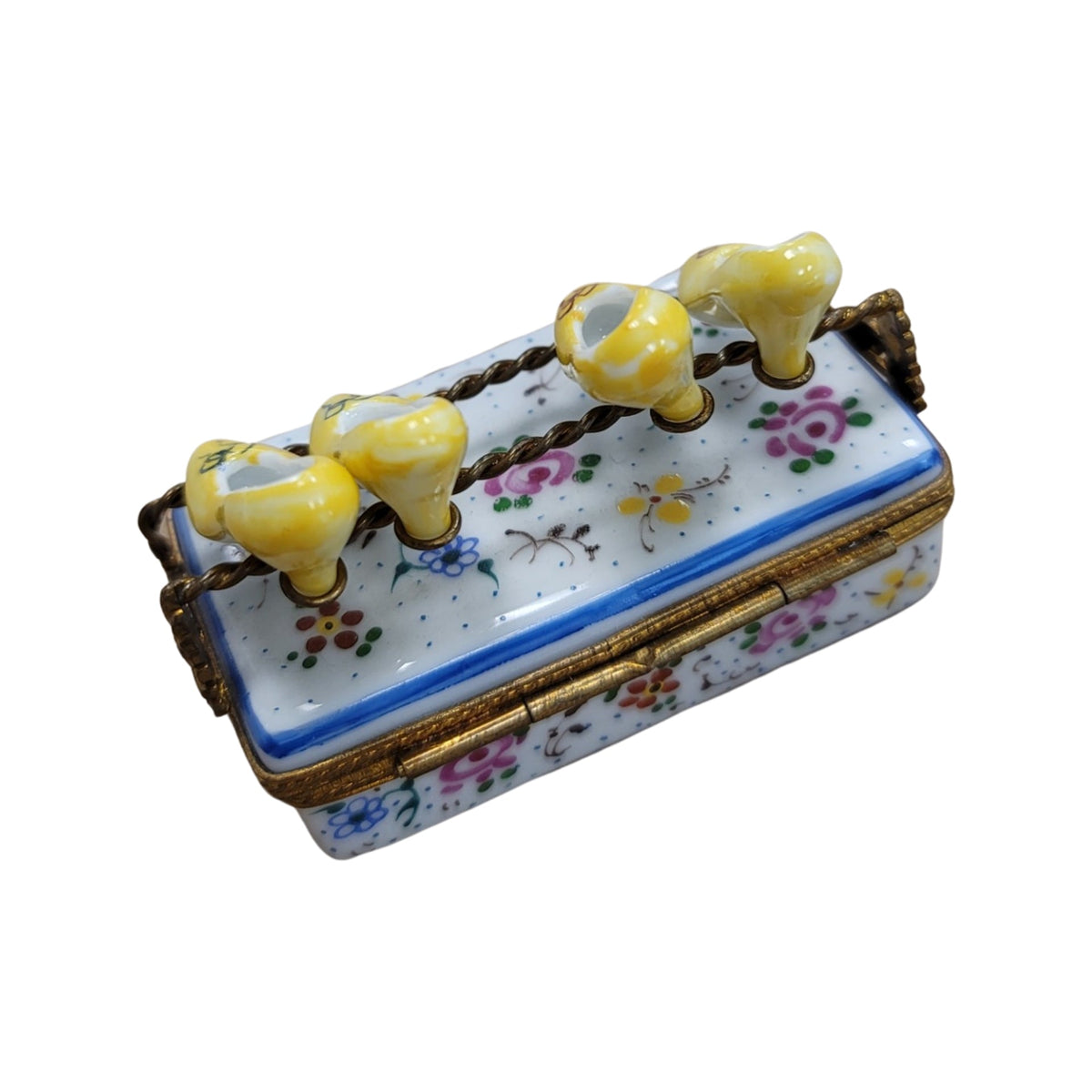 Artisan-painted 4 Yellow Shoes Flowers Fashion Limoges box from France, a cherished collectible