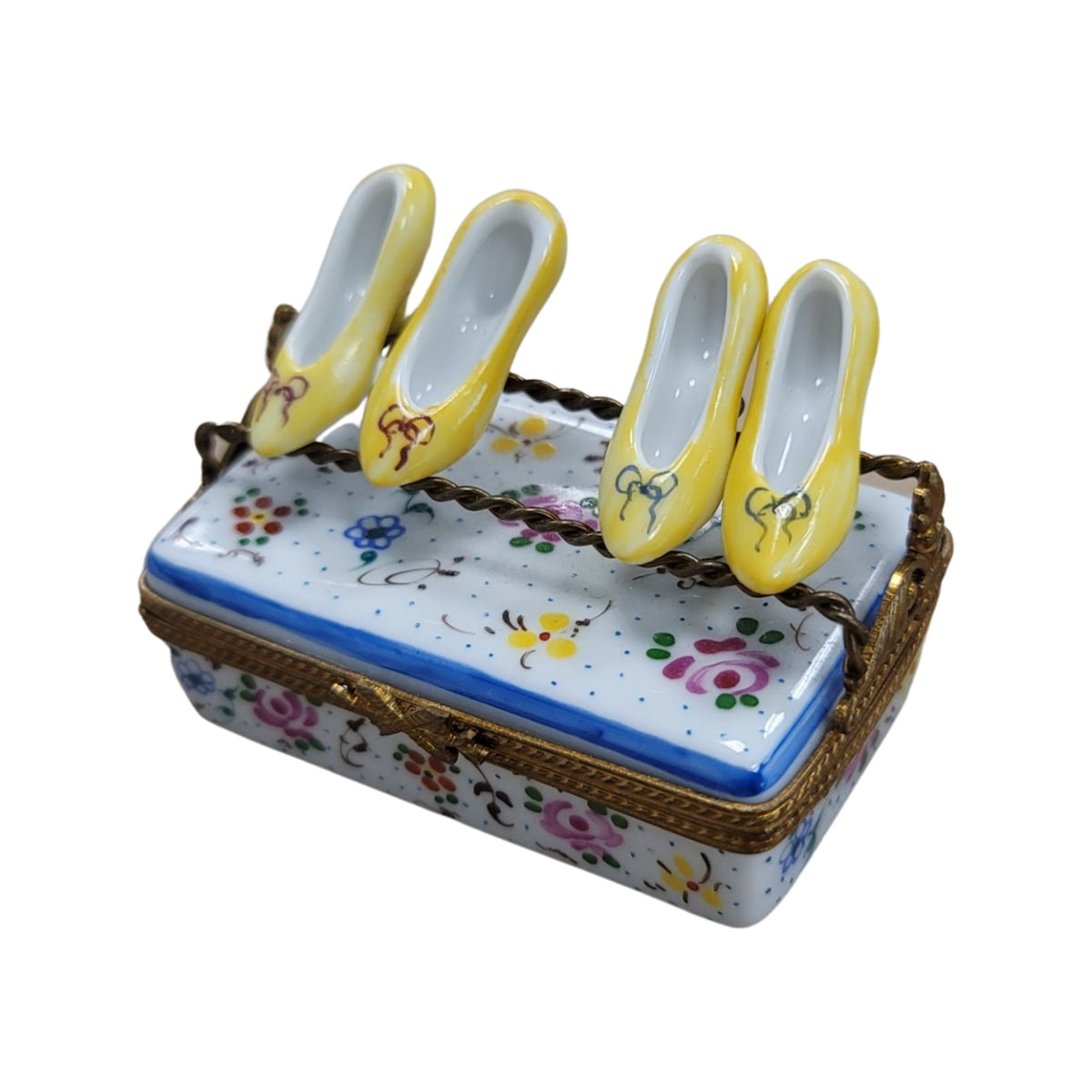 Authentic 4 Yellow Shoes Flowers Fashion Limoges box, hand-painted in France, from Limoges Boutique