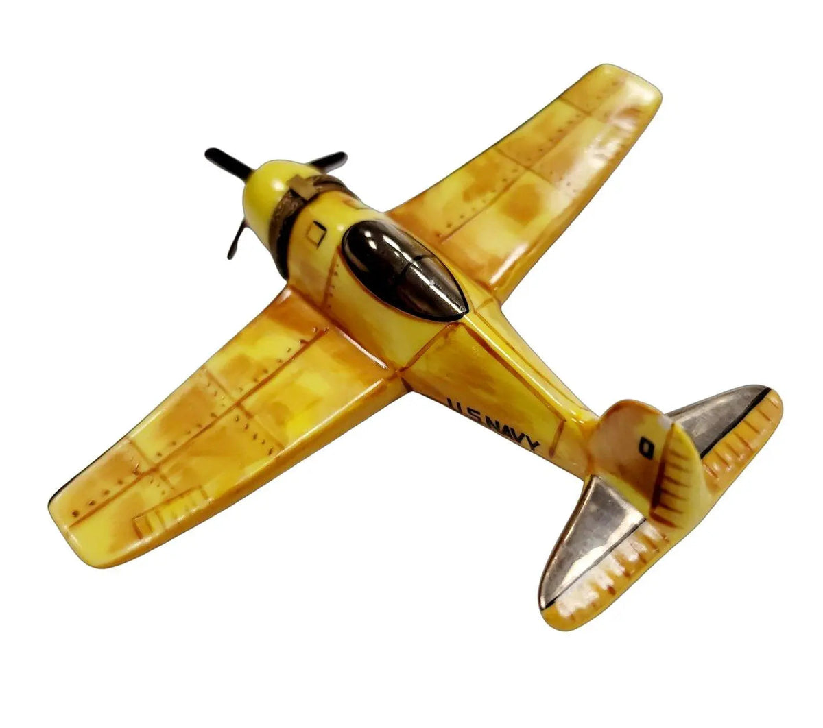 Airplane USA Navy Bomber Yellow 5Inch Wing Limoges box painted by hand in Limoges, France, a gift to treasure