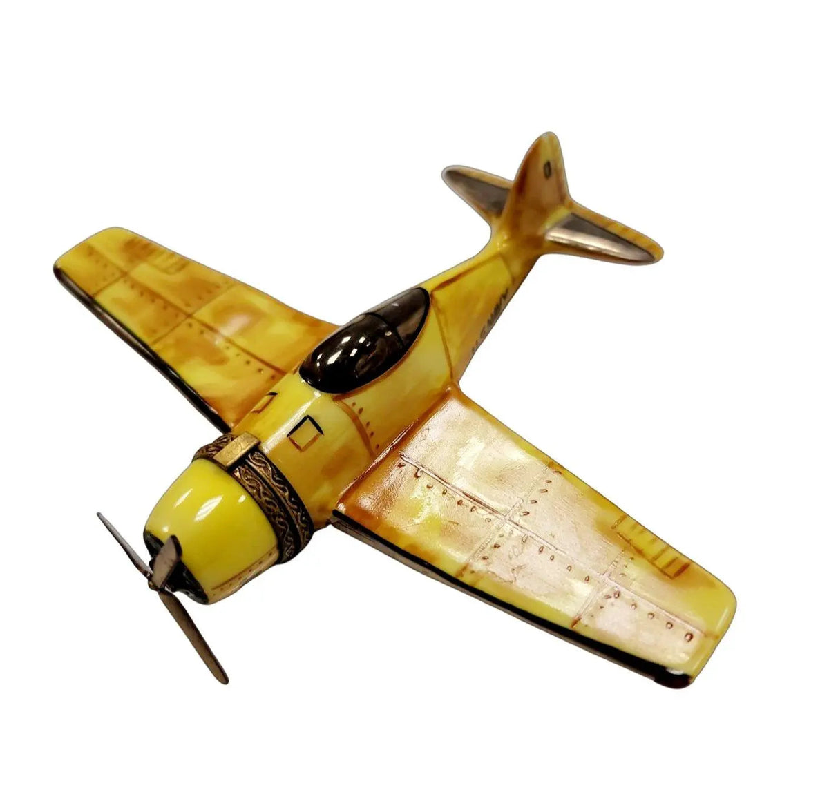 Collectible Airplane USA Navy Bomber Yellow 5Inch Wing Limoges box with artisan brushwork