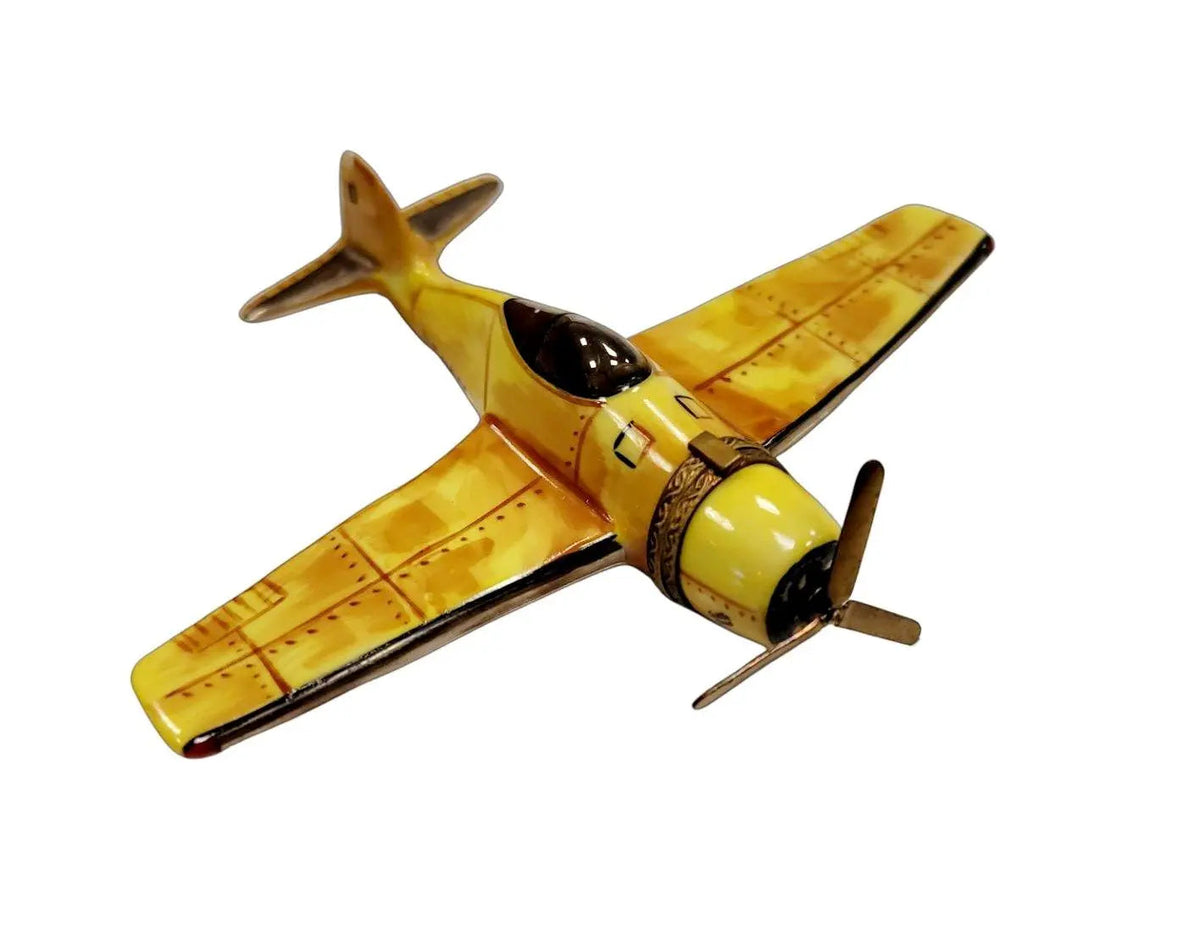 Limoges Boutique presents the Airplane USA Navy Bomber Yellow 5Inch Wing, a genuine Limoges box painted by hand in France