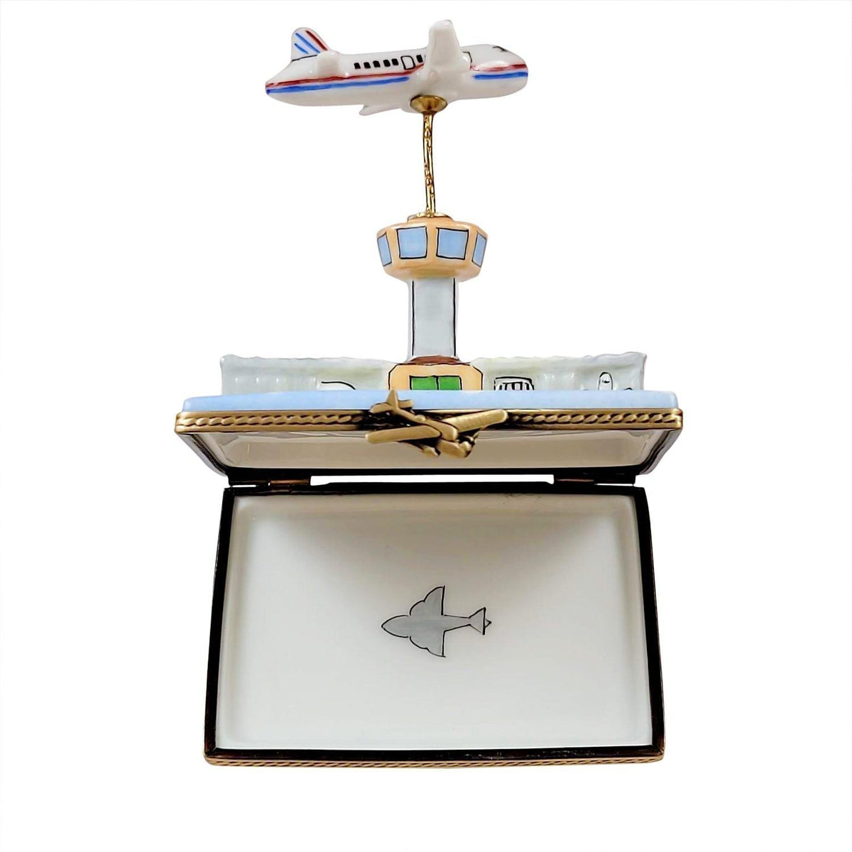 Painted details on the Airport with Flying Plane Limoges box, French art in miniature