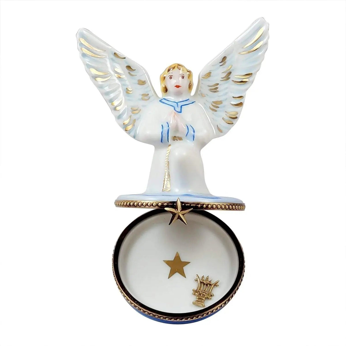 Painted details on the Angel Gabriel Brass Instrument Limoges box, French art in miniature