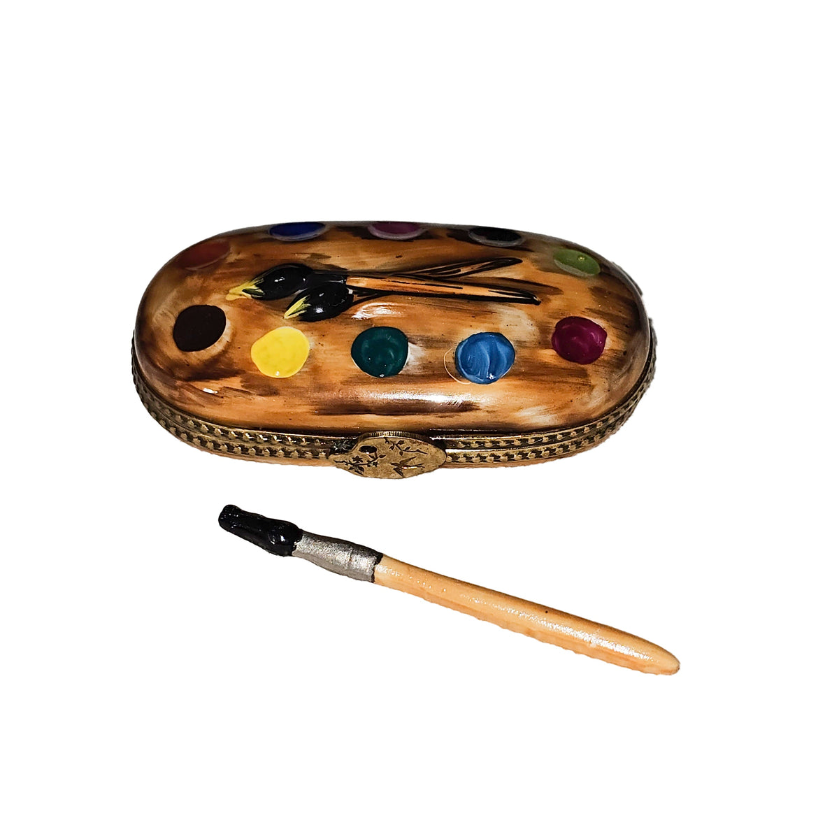 Brown Paint Pallette w Paint Brush Limoges Box, a hand-painted Limoges porcelain gift
