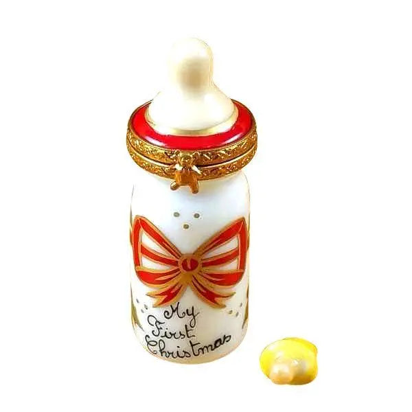 Baby Bottle My First Christmas Limoges Box Keepsake, a hand-painted Limoges porcelain gift