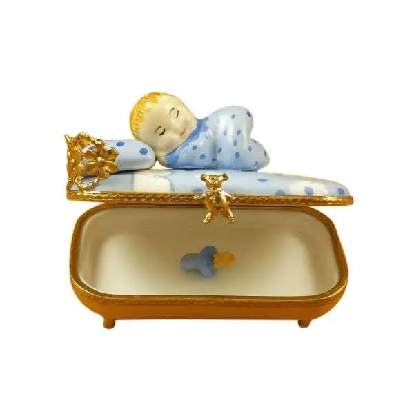 Baby in Blue Bed with Porcelain Pacifier Figurine Limoges Box, view 2