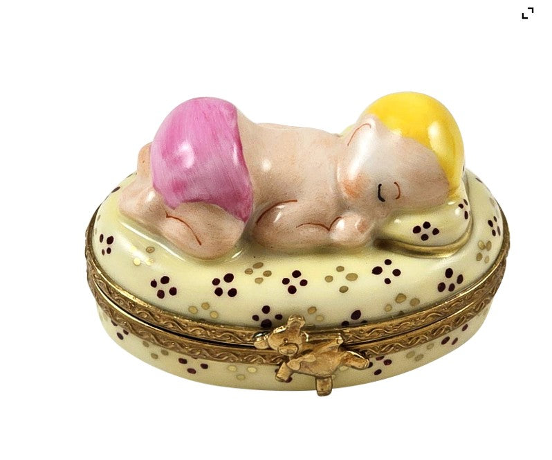 Pink Baby Sleeping, a hand-painted Limoges porcelain gift