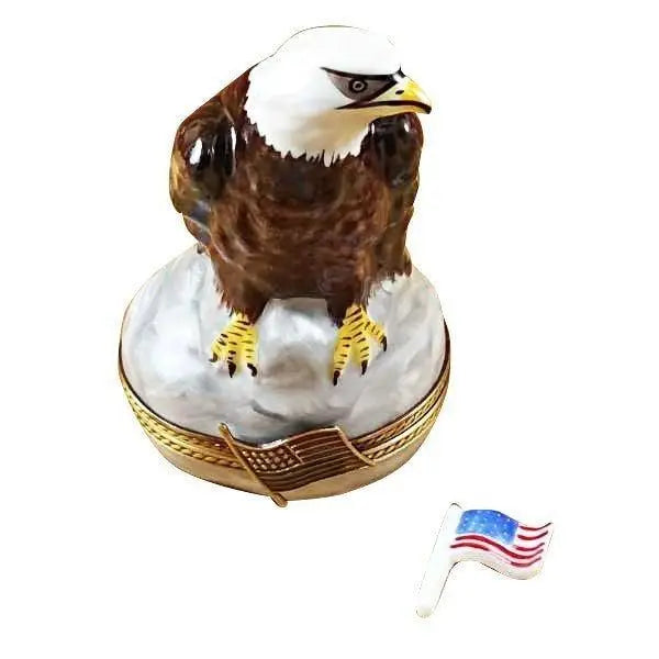 Bald Eagle Removable American Flag Limoges Box for Patriotic, a hand-painted Limoges porcelain gift